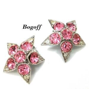 Vintage Bogoff Pink Rhinestone Flower Earrings, Rhodium Plated Clips, Bent Petal